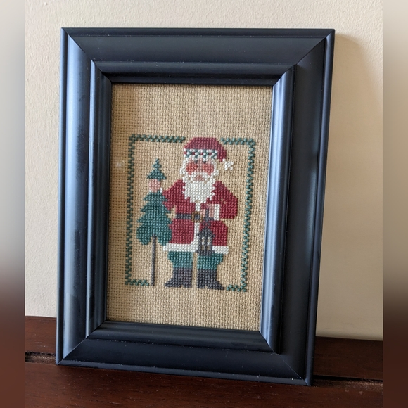 Custom cross stitch Santa and Tree  by Ellen Rust framed black 5 by 7 - Picture 2 of 3